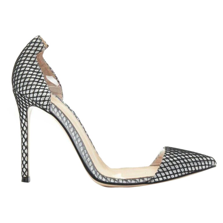 new GIANVITO ROSSI Plexi 100 silver glitter black mesh PVC point toe pump EU37 For Sale