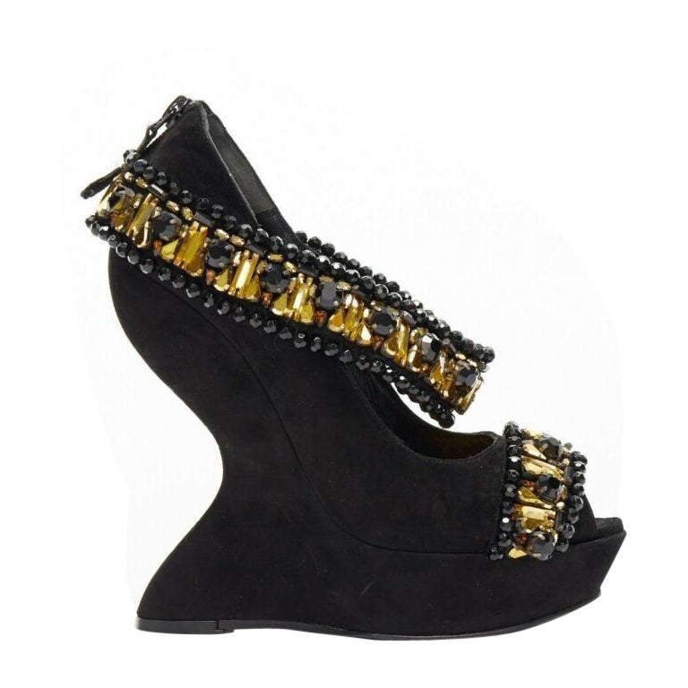 ALEXANDER MCQUEEN black suede gold jewel strap peep toe curved heel wedge EU37.5 For Sale