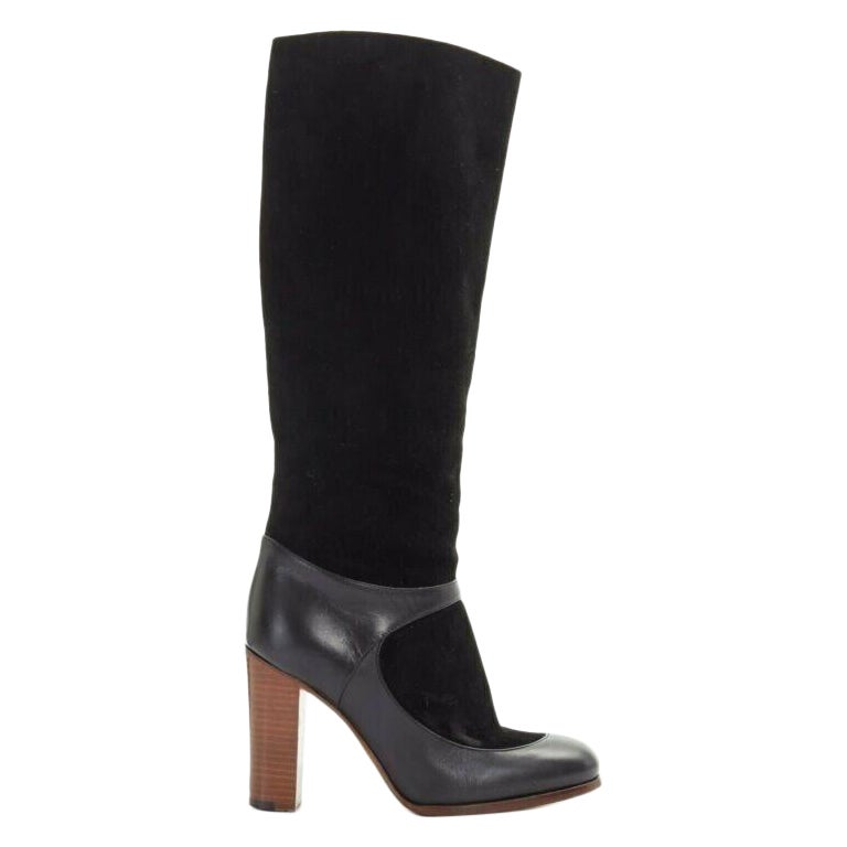 Celine Philo Black Suede Sock Ankle Strap Chunky Wooden Heel Tall Boot Eu35.5 en vente