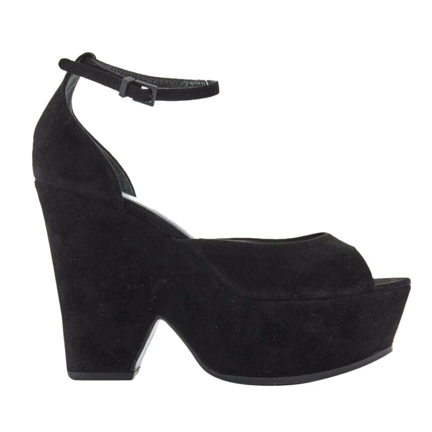 CELINE PHOEBE PHILO black suede cut out platform wedge ankle cuff heels EU36 US6 For Sale