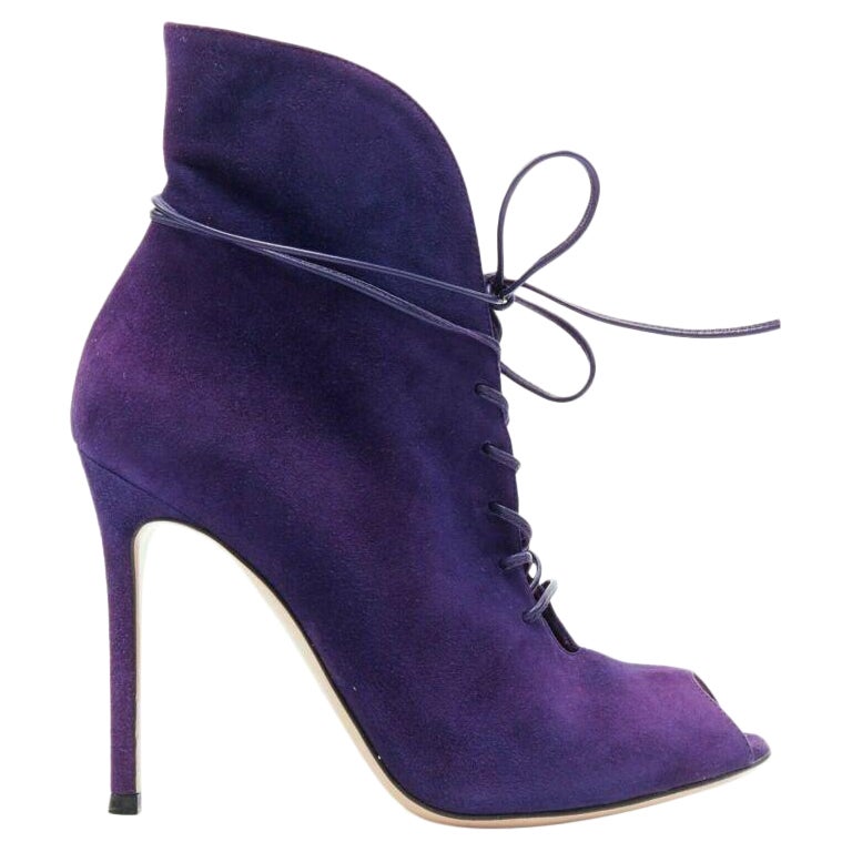new GIANVITO ROSSI purple suede lace up peep toe deep V vamp heel bootie EU36 For Sale