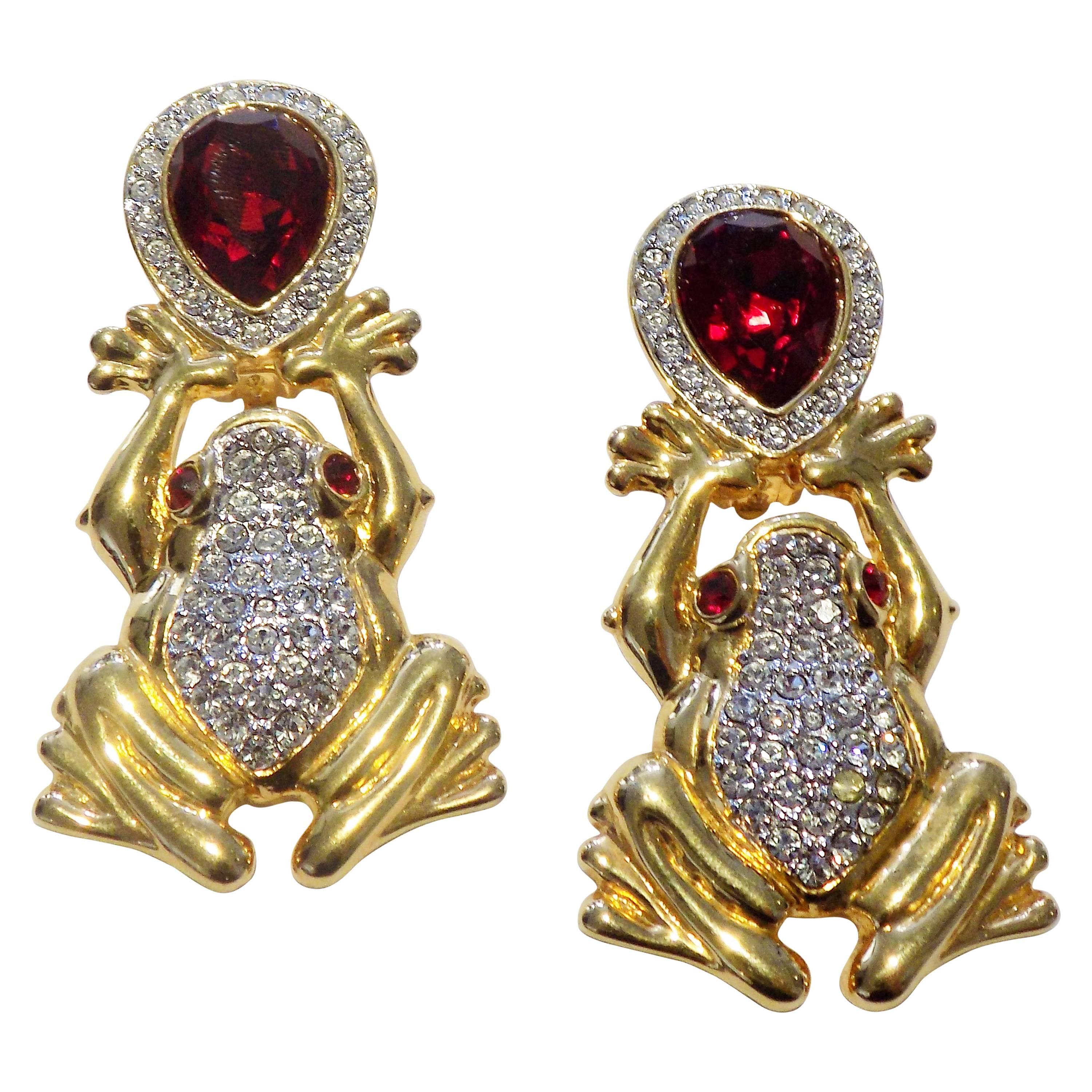 Valentino Red-eyed Tree Frog Earrings with red crystals For Sale
