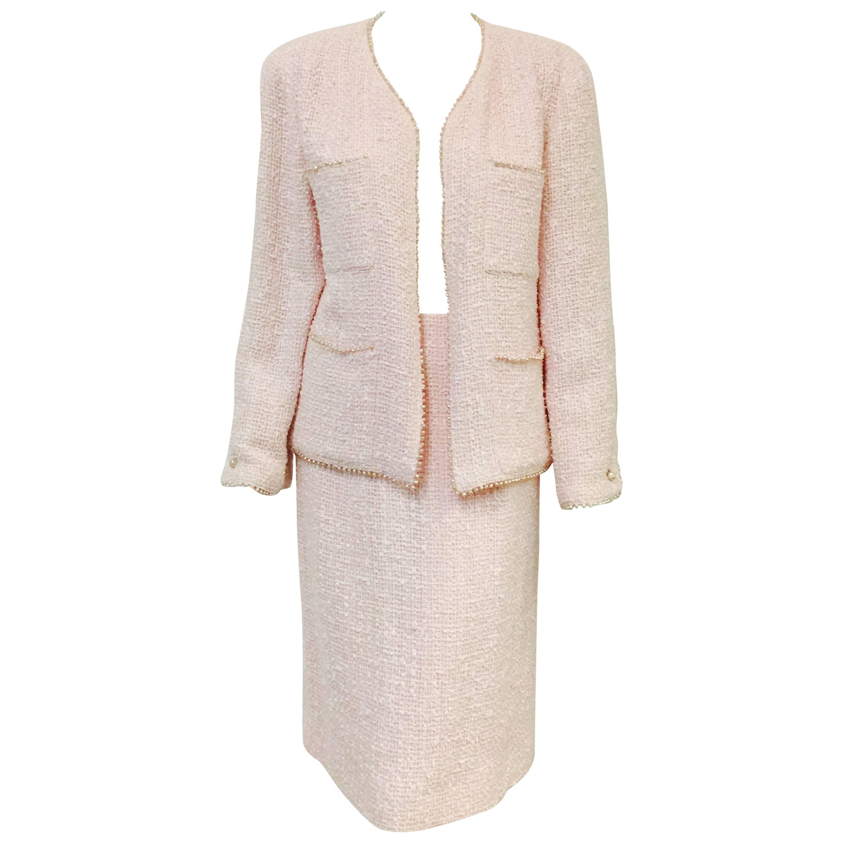 Spring 1999 Chanel Blush Pink Boucle Tweed Skirt Suit/Freshwater Pearl Trim
