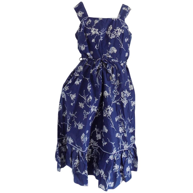 1980s Vintage Blu White Flower Dress For Women, Italian Design