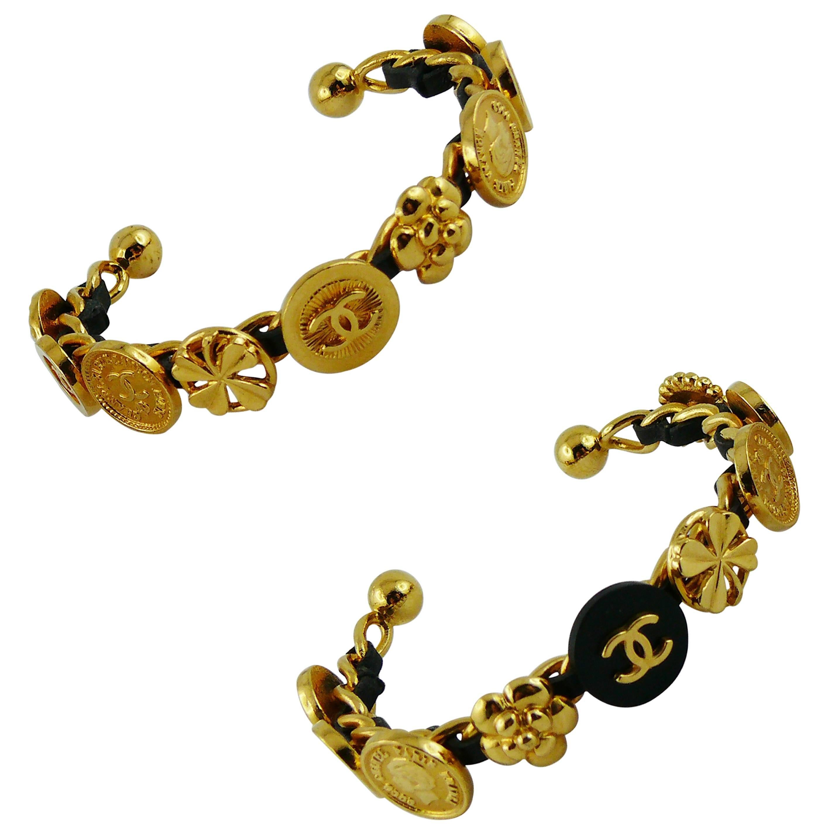 Chanel Vintage Rare Interwoven Gold Chain & Black Leather Coin Bracelet Set