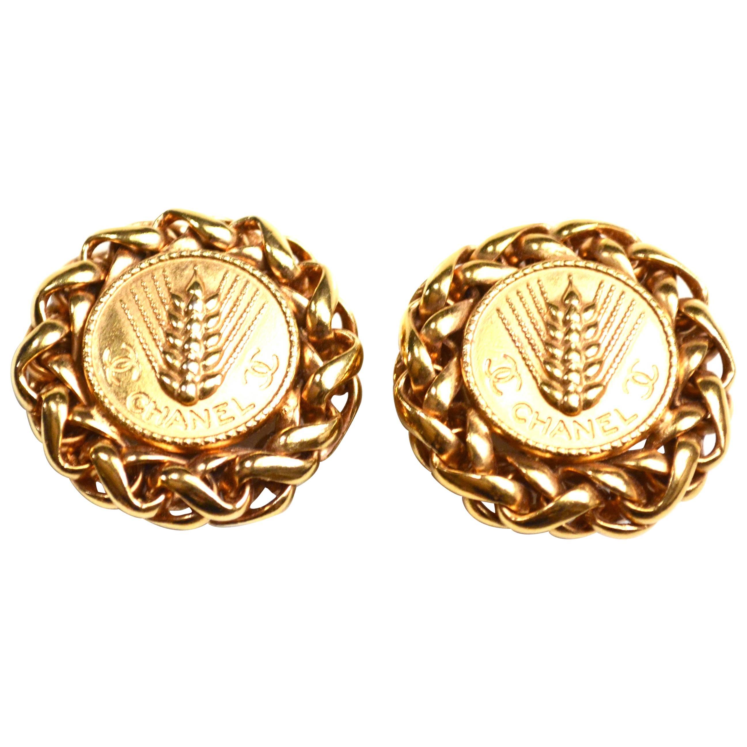 Oversized Signed CHANEL Wheat Earrings For Sale