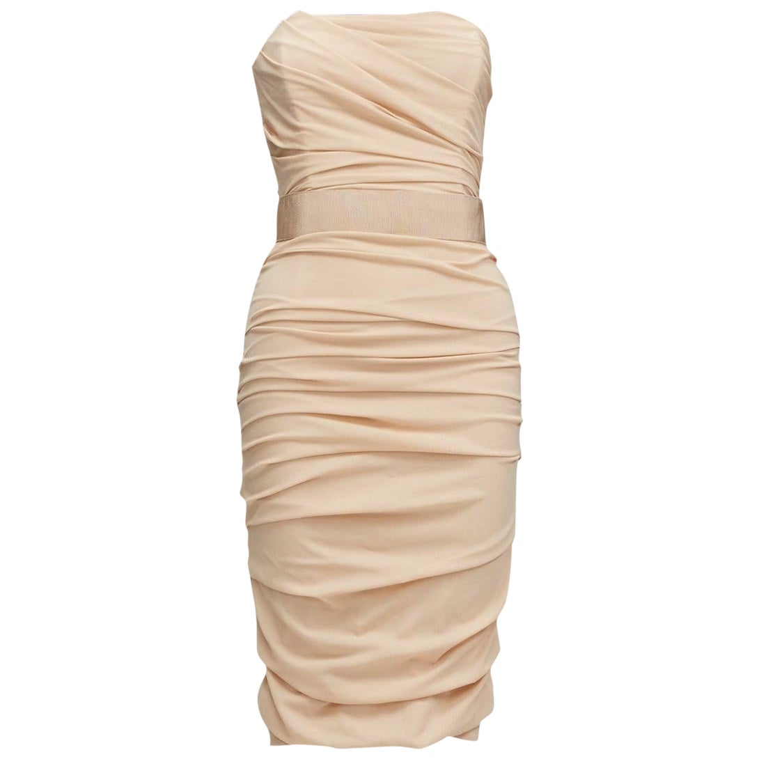 DOLCE GABBANA beige silk ruched strapless corsetted dress IT40 S For Sale