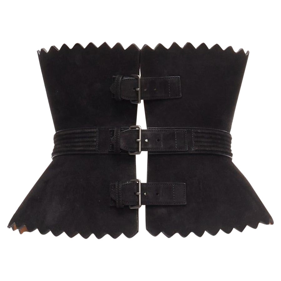rare AZZEDINE ALAIA black suede leather wide scallop corset statement belt 70cm For Sale