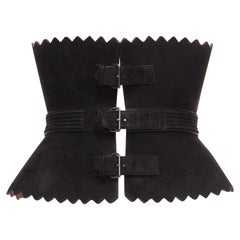 Used rare AZZEDINE ALAIA black suede leather wide scallop corset statement belt 70cm