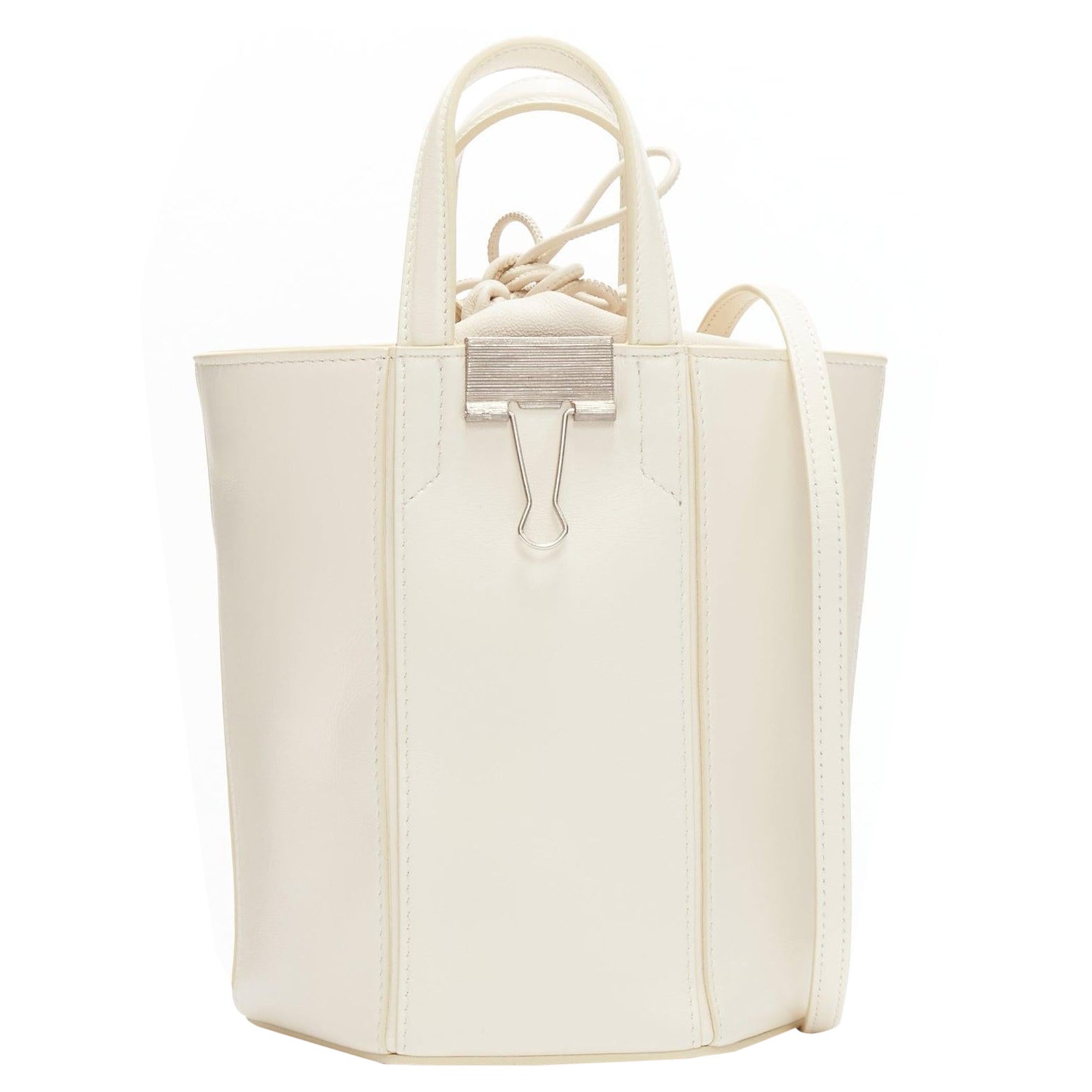 OFF WHITE Virgil Abloh Allen binder clip cream leather drawstring tote bag For Sale