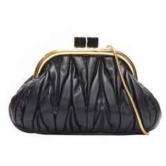 MIU MIU Belle black nappa leather gold metal frame matelasse clutch bag