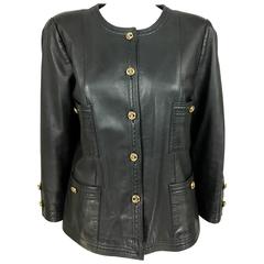 Chanel Black Leather Jacket With Gold-Tone Logo Buttons - 1980s