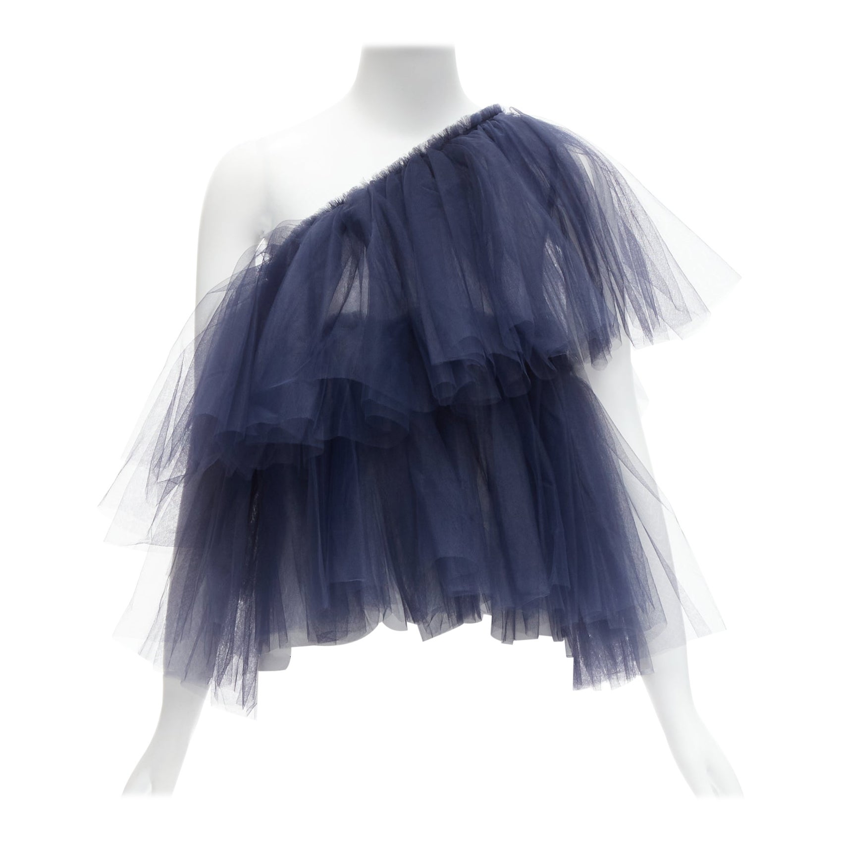 MOLLY GODDARD navy blue black layered cascade tulle one shoulder top For Sale