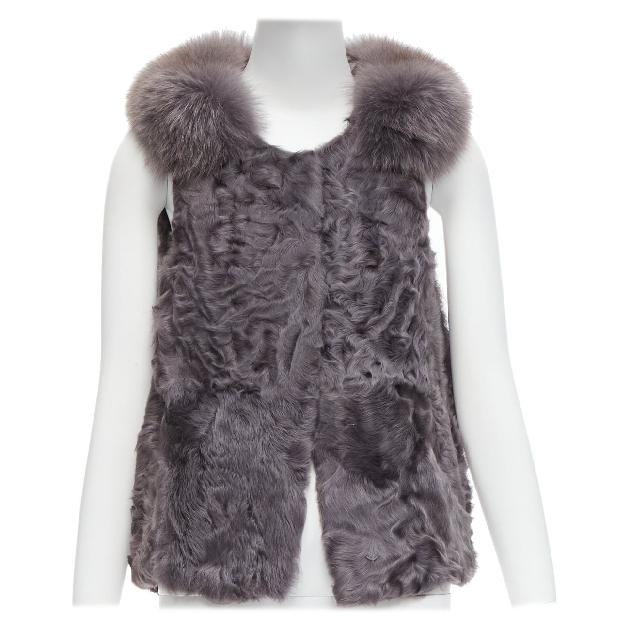 PELLICCISSIMA grey Astrakhan fur collar sleeveless winter vest jacket S For Sale