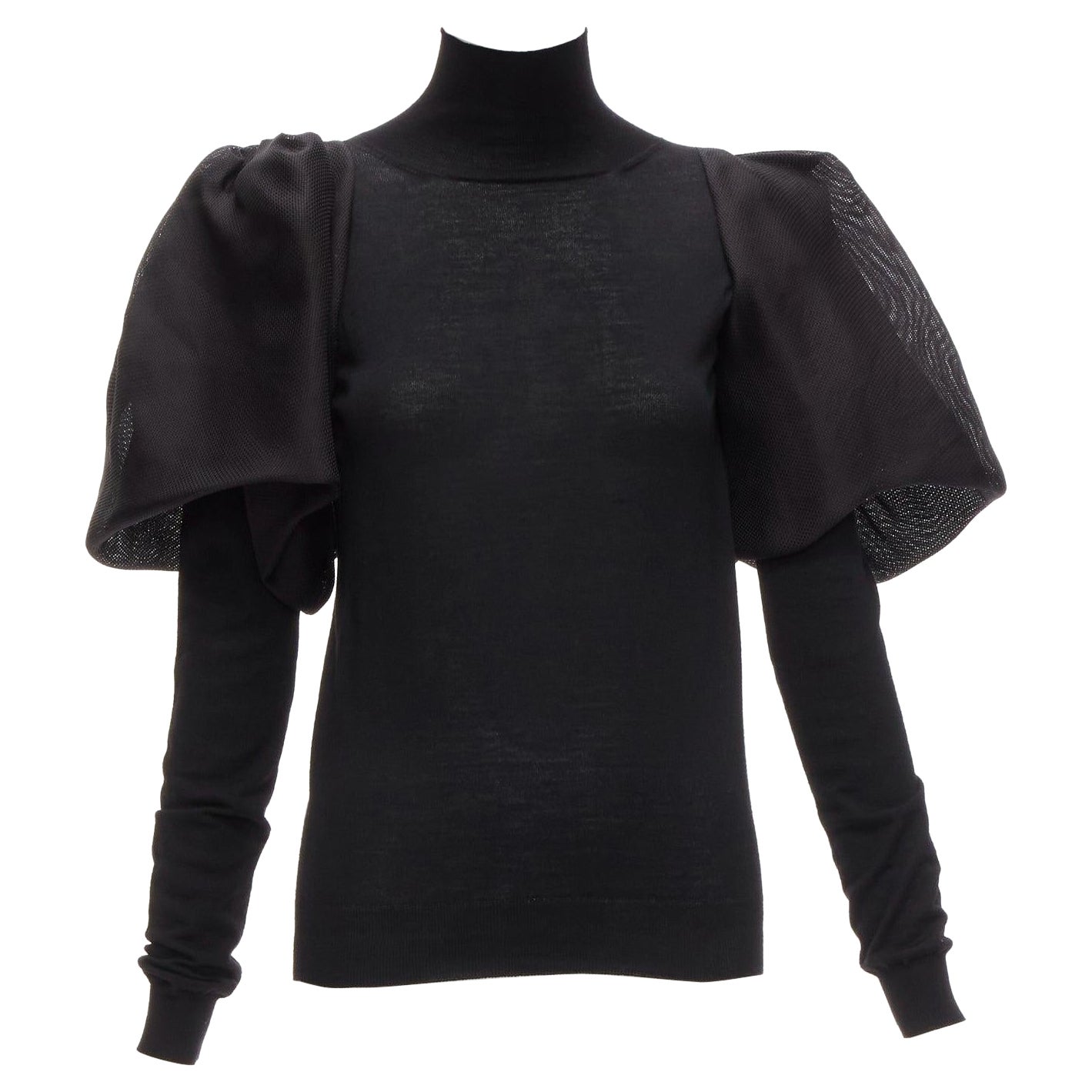 LANVIN 2011 black merino wool silk balloon puff sleeve turtleneck sweater S For Sale