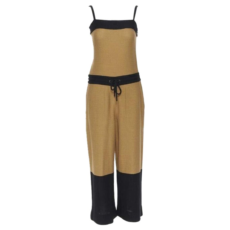 Hermes 100% Baumwolle Schwarz Brown Colorblocked Kordelzug ärmellos Jumpsuit Fr34 im Angebot