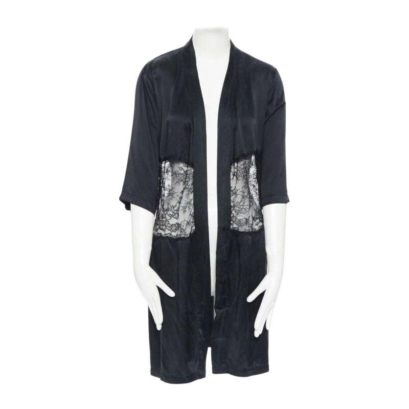 PRESENT LONDON black 100% silk floral lace panel lingerie short kimono robe UK8 For Sale