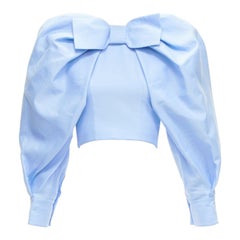 SHUSHU TONG bleu coton soie nœud manches bouffantes top cropped ajusté UK6 XS