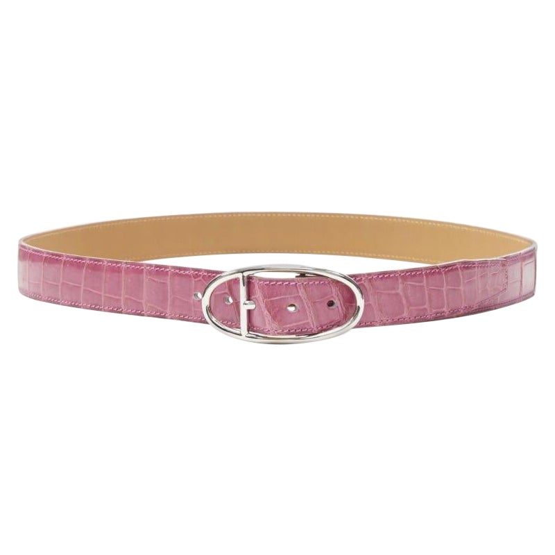 HERMES 24mm fuschia pink porosus scaled leather silver buckle belt FR80 For Sale