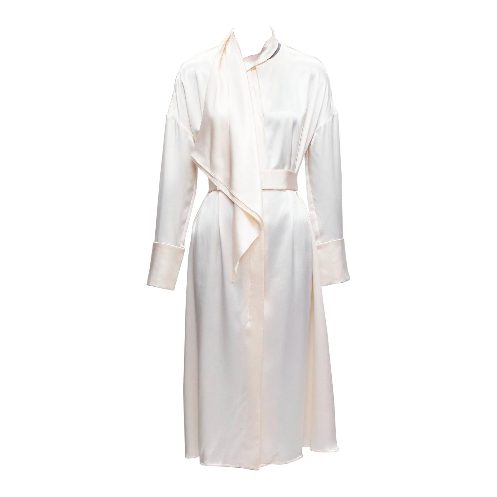 VERONIQUE LEROY 100% silk cream bow tie long sleeve cinch belted dress FR36 S For Sale