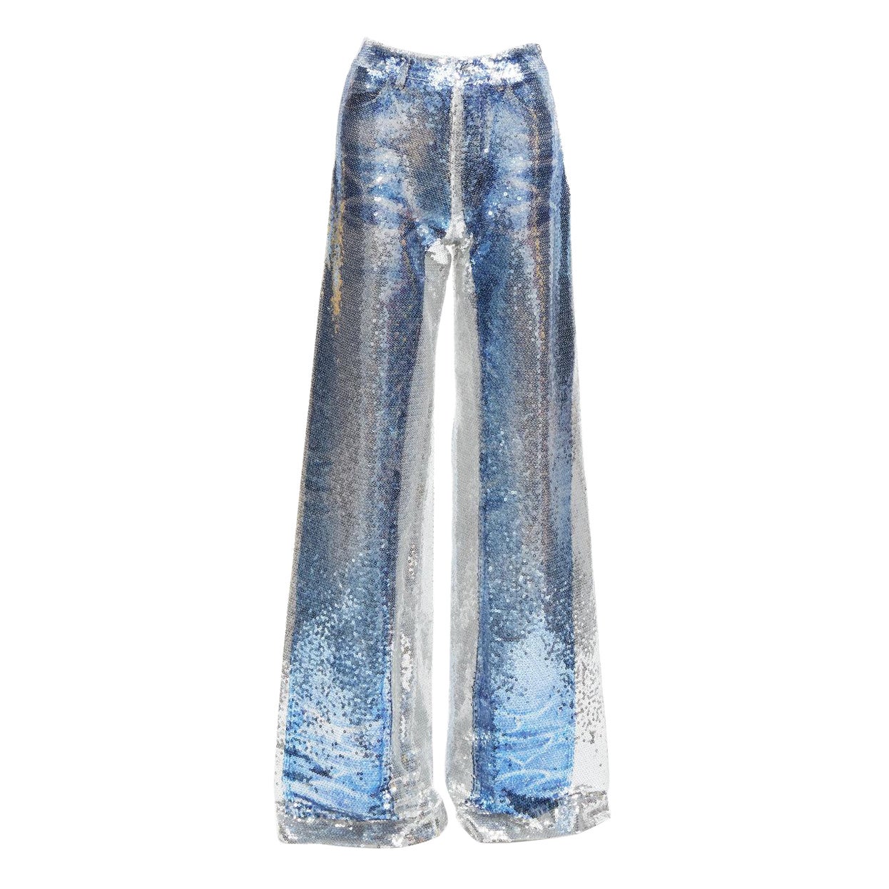 PONY STONE THAILAND silver tromp loeil jeans print sequins wide leg pants US2 S For Sale