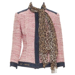DOLCE GABBANA - Veste écharpe vintage en tweed rose garnie de léopard IT42