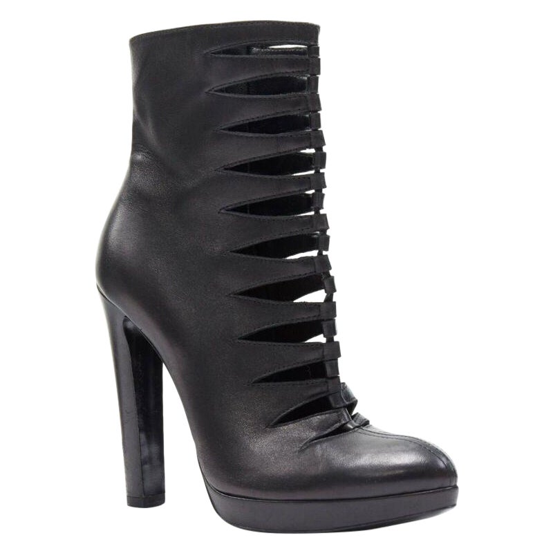 ALAIA black leather angular cut out front almond toe platform ankle boot EU37.5 For Sale