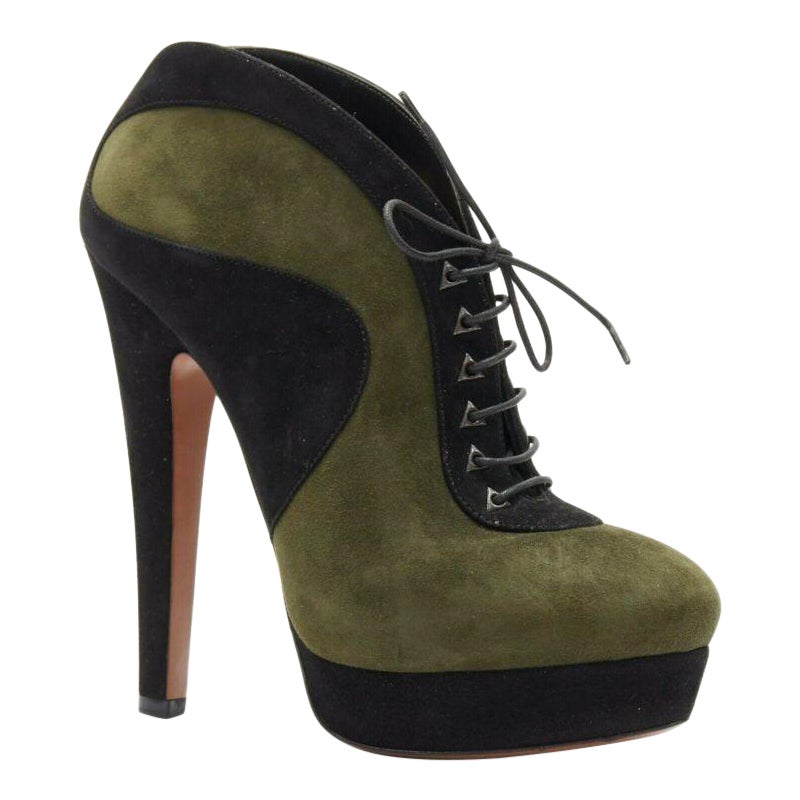 ALAIA black green suede leather lace up platform ankle bootie EU37 For Sale