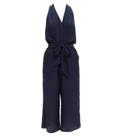 TORY BURCH 100% silk navy V neck wide leg wrap tie wide leg jumpsuit XS