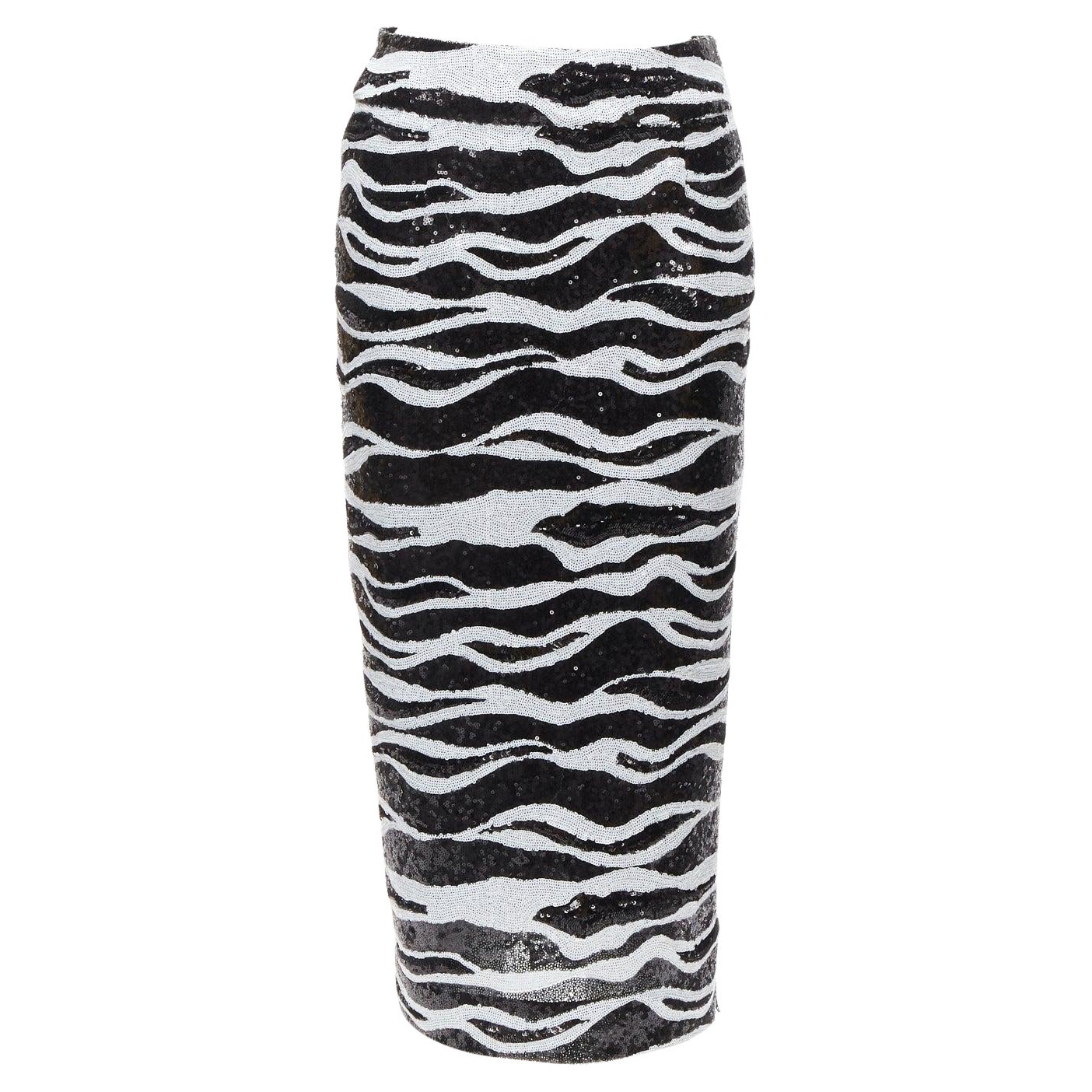 DOLCE GABBANA 2022 black zebra sequins chantilly lace back pencil skirt IT38 XS For Sale