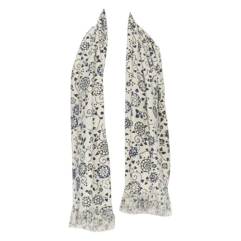 DRIES VAN NOTEN 100% wool illustration print bead embellished frayed scarf For Sale