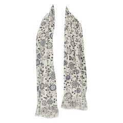 DRIES VAN NOTEN 100% wool illustration print bead embellished frayed scarf