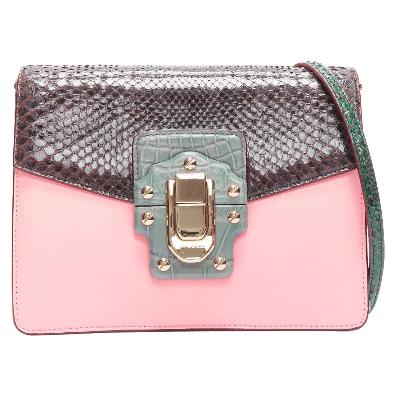 DOLCE GABBANA Lucia pink grey scaled leather flap clasp crossbody bag For Sale