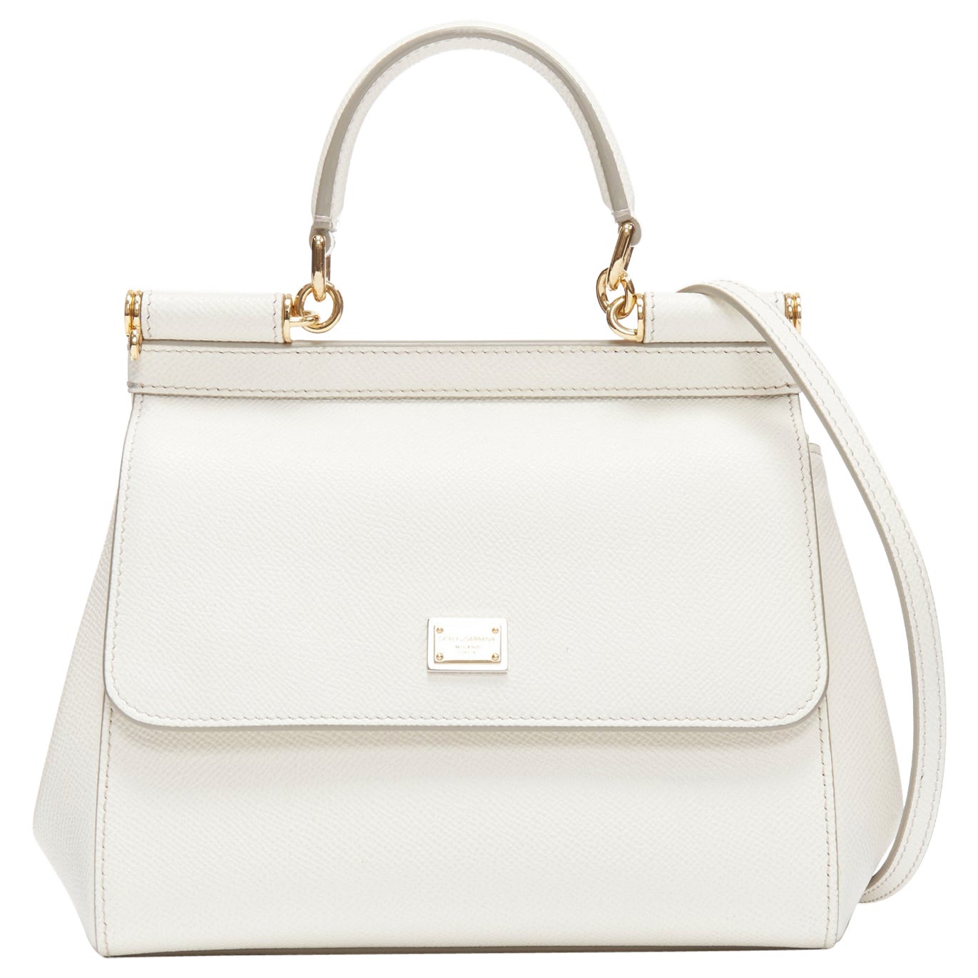 DOLCE GABBANA Sicily Small white leather top handle flap crossbody bag