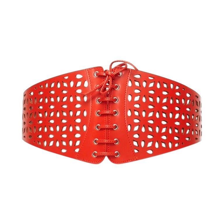 new AZZEDINE ALAIA red laser cut leather laced corset waist belt 70cm For Sale