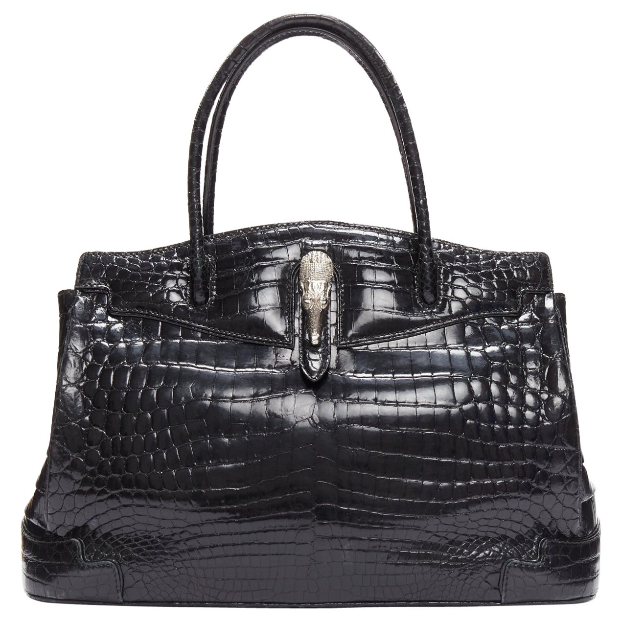 KWANPEN black polished scaled leather silver animal buckle executive tote bag