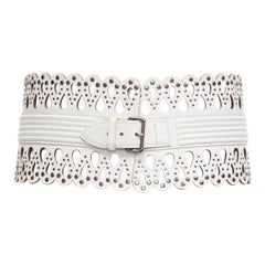 AZZEDINE ALAIA white laser cut studded leather corset waist belt 70cm