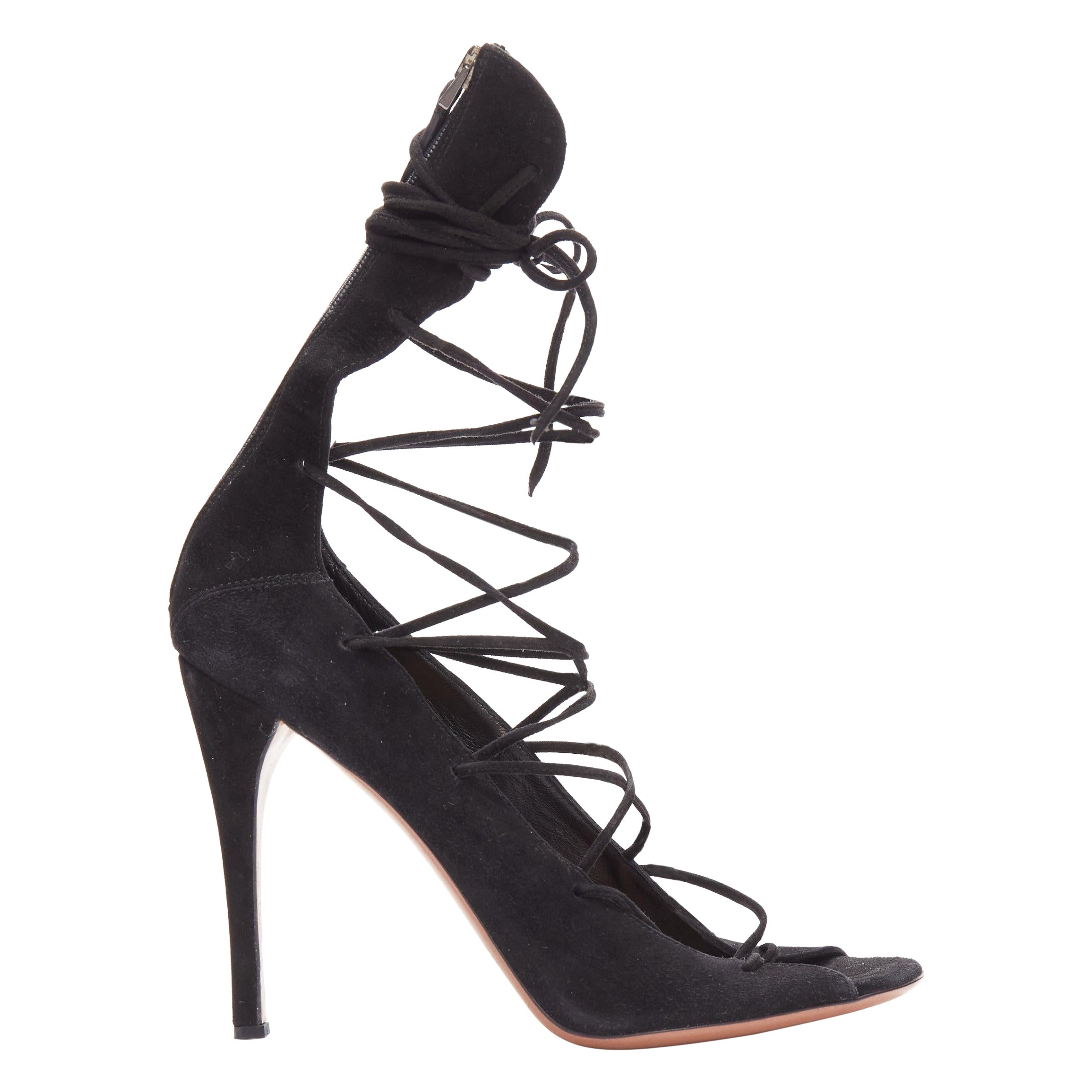 ALAIA black suede leather lace up back zip strappy sandal heels EU38.5 For Sale