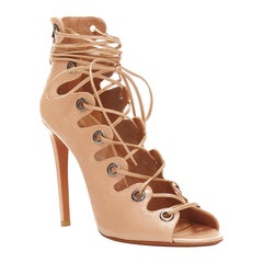 ALAIA nude leather silver eyelet scallop edge lace up strappy heels EU39