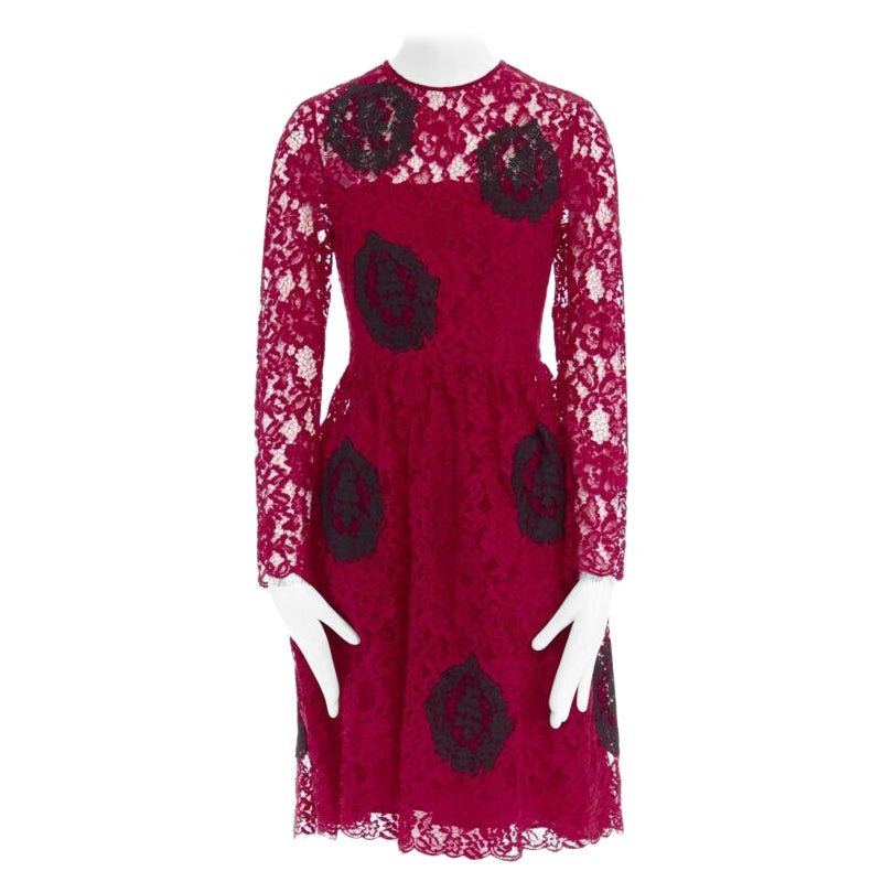 HUISHAN ZHANG red floral embroidered lace black spot flared cocktail dress US4 S For Sale