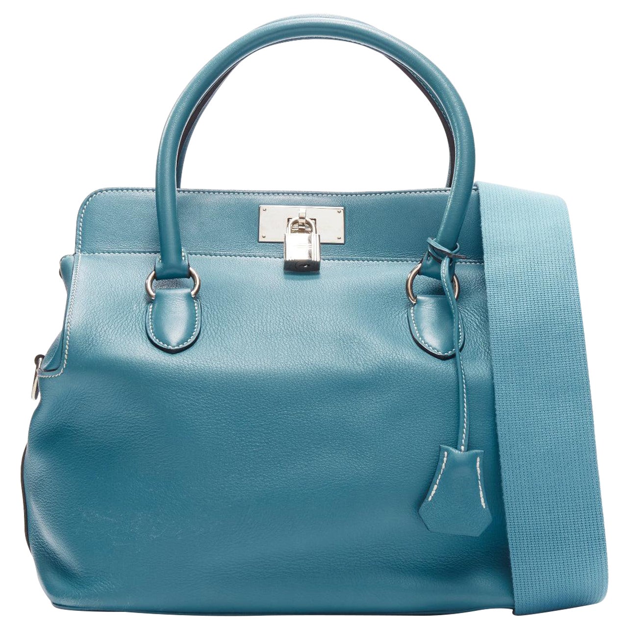 HERMES Toolbox 26 teal blue grained leather SHW top handle satchel