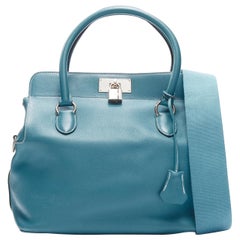 Used HERMES Toolbox 26 teal blue grained leather SHW top handle satchel