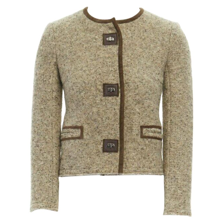 ISABEL MARANT Kios brown virgin wool boucle suede trimmed twist lock jacket FR36 For Sale