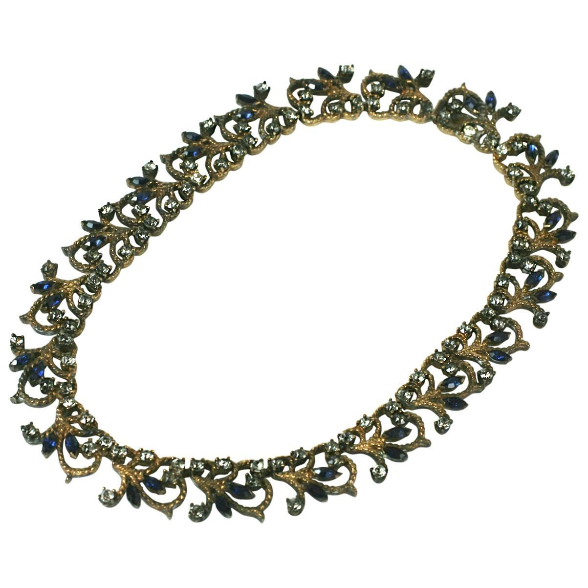 Silver Gilt Faux Sapphire and Crystal Pave Collar For Sale