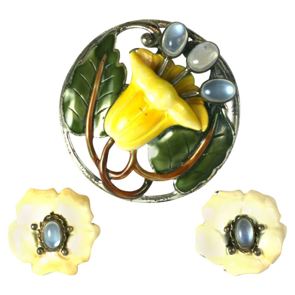  Sterling and Enamel Moonstone Lily Suite For Sale