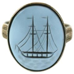 Antique Victorian Agate Intaglio Ship Ring