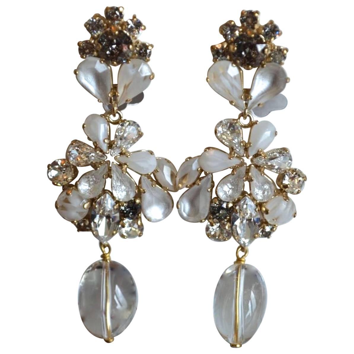 Philippe Ferrandis Glass & Crystal Floral Motif Statement Clip Earrings