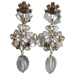 Philippe Ferrandis Glass & Crystal Floral Motif Statement Clip Earrings