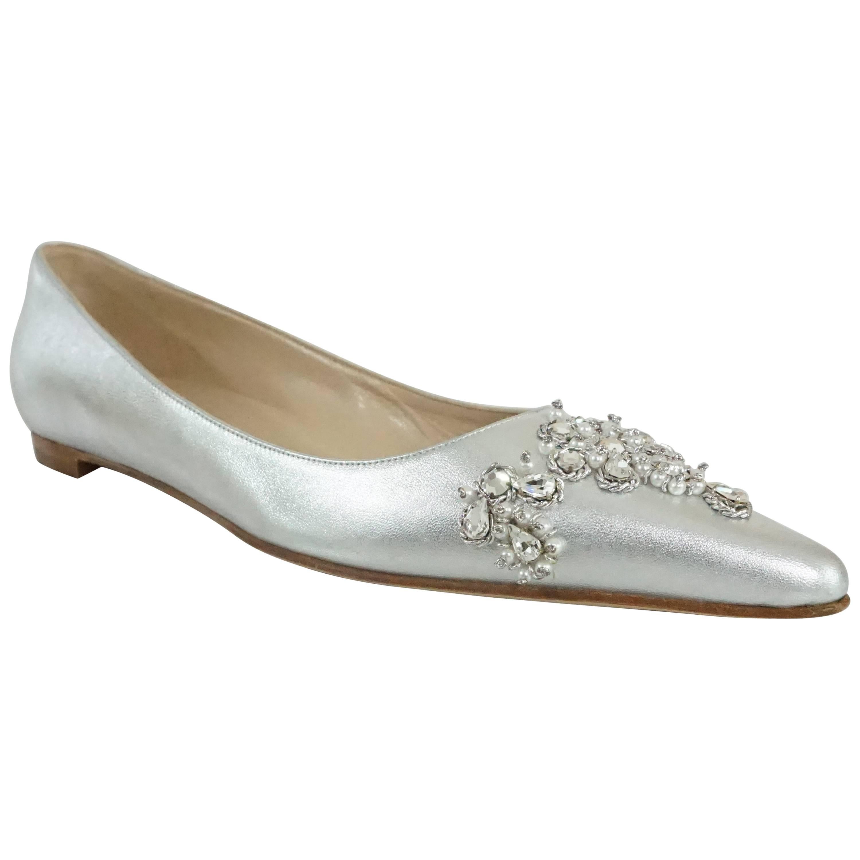 Manolo Blahnik Silver Leather Flats with Rhinestone and Pearl Detail - 40