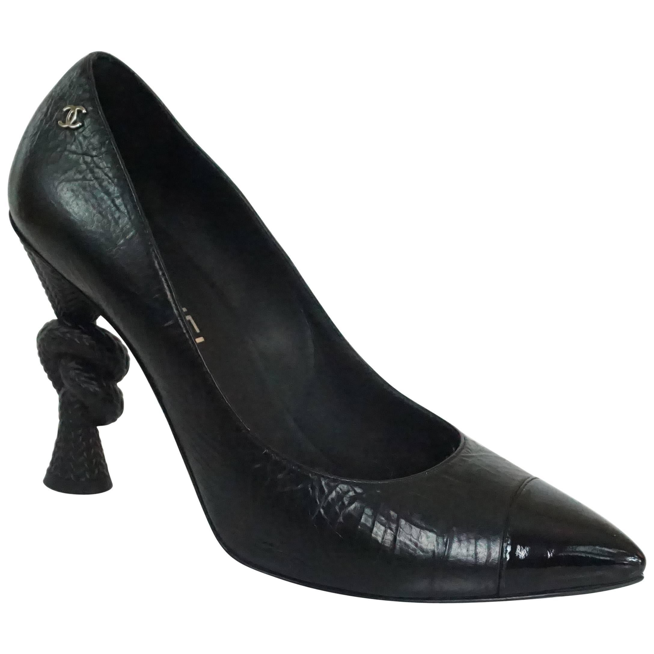 Chanel Black Leather and Patent Pump w/ Rope Knot Heel - 40.5